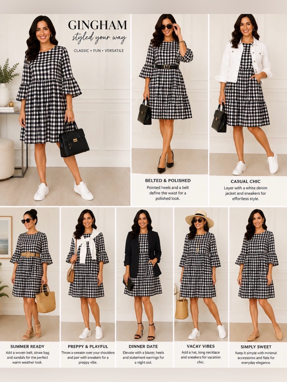 Navy and White Gingham Peplum Dress - Picture 3 of 10